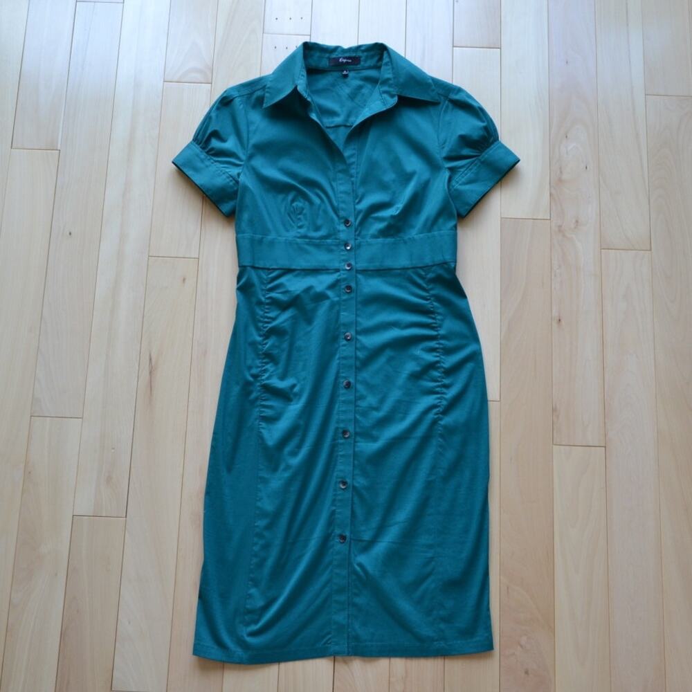 Express Short Sleeve Front Button Down Dress Gree… - image 1